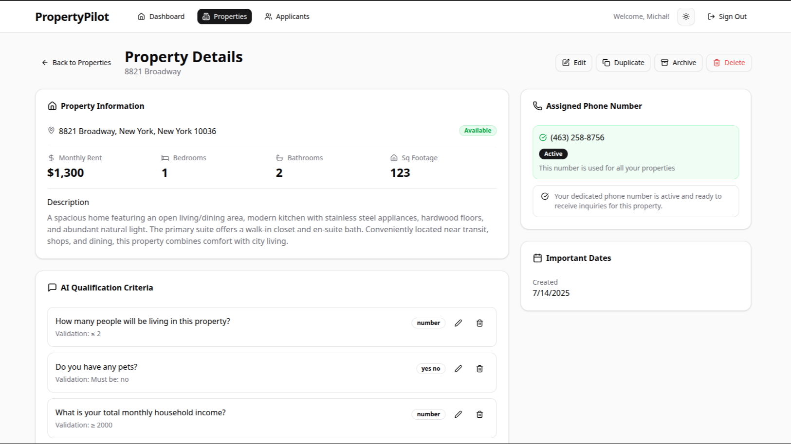 Property Pilot Voice-Powered CRM Dashboard - AI-powered rental management system interface showing property listings and voice control features